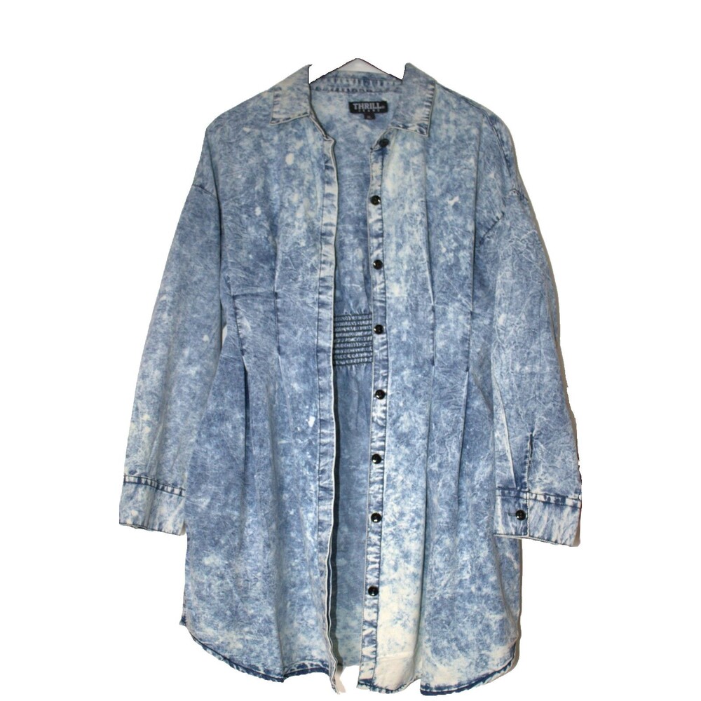Thrill Jeans Women‎ Size XL Acid Wash Denim Shirt Dress Long Sleeve Button Front